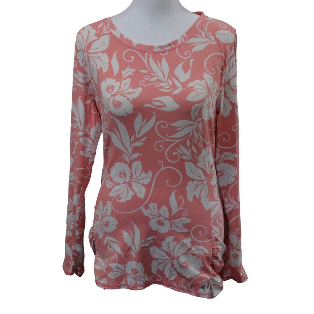 Hang Ten Women's Med Surf Shirt Sun Tee UPF 50+ Back Zip Pocket - Pink Floral